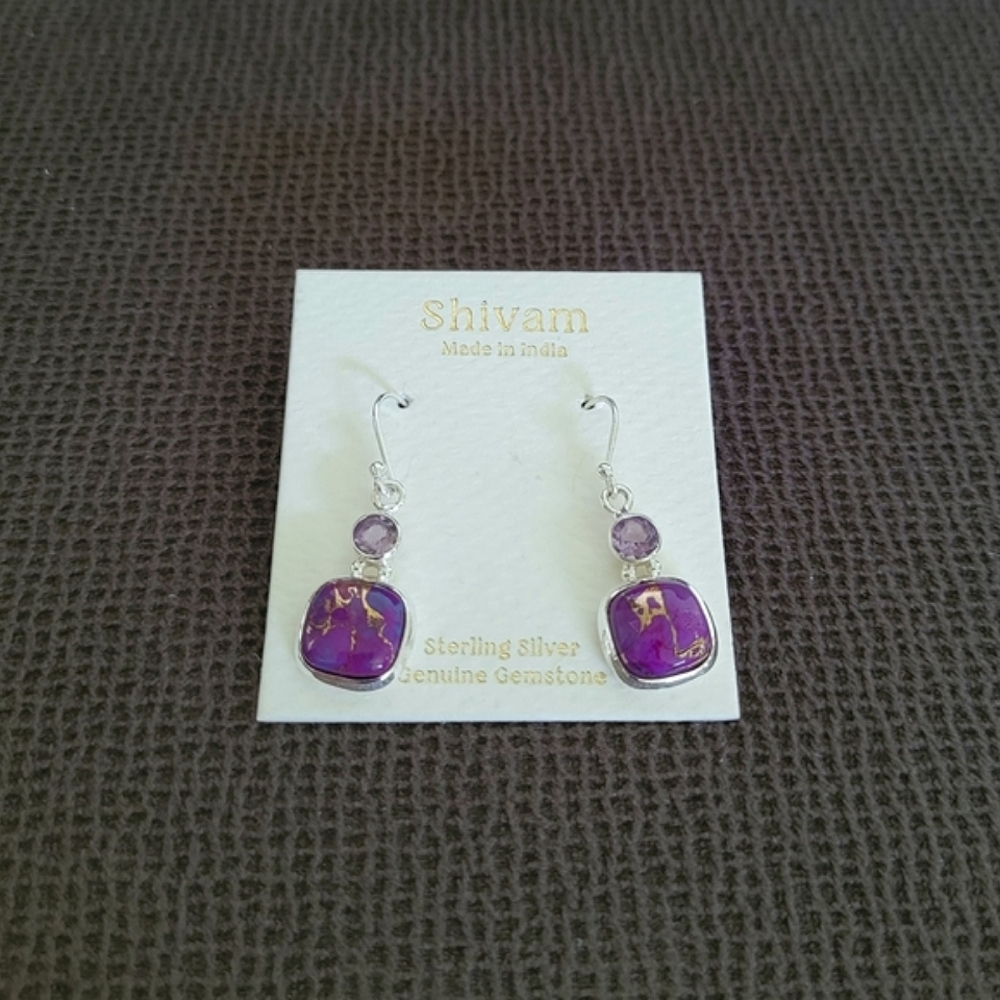 Shivam Square Shaped Purple💜 Copper Turquoise With Gold💛 Veins Earrings - Picture 13 of 16